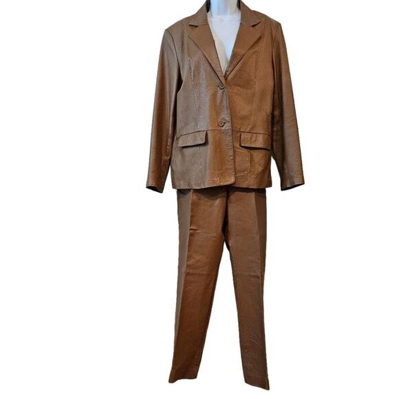 Vintage Chadwick's Tan 100% Leather Pantsuit sz 16 See all Photos - Picture 1 of 17